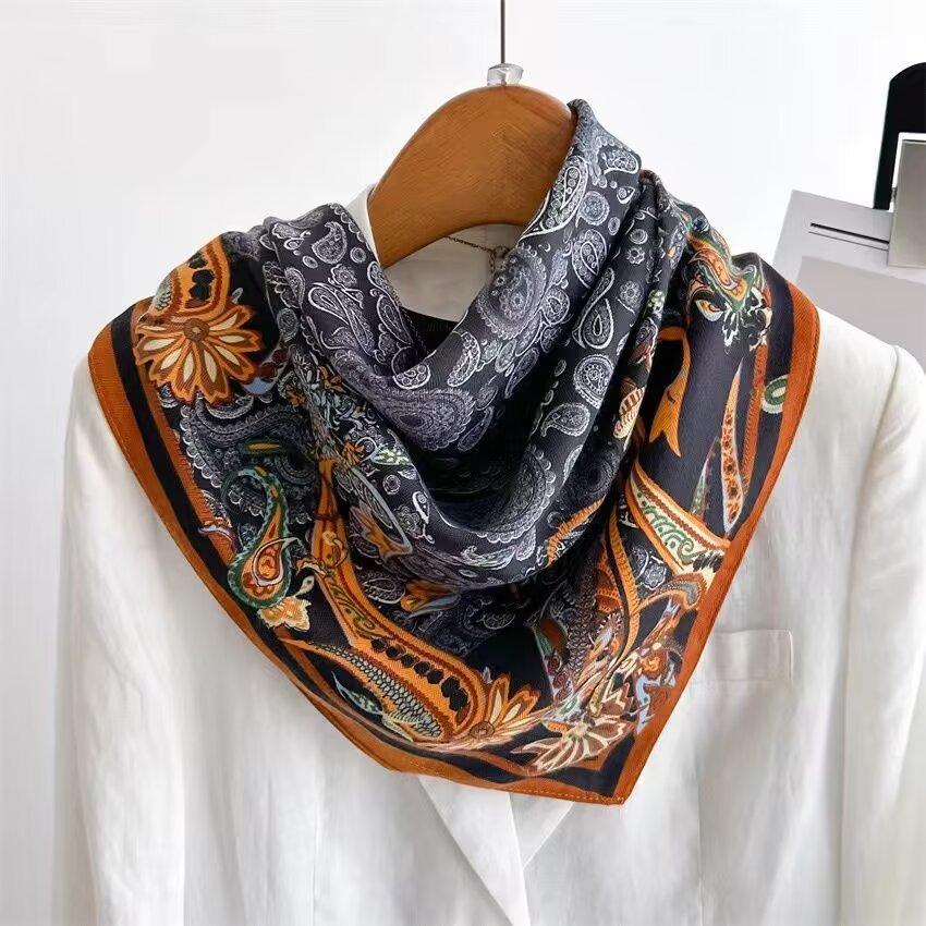 Women'S Spring And Autumn New Cotton Linen Flower Letter Cotton Linen Herringbone Silk Scarf Square Scarf Professional Scarf Scarf