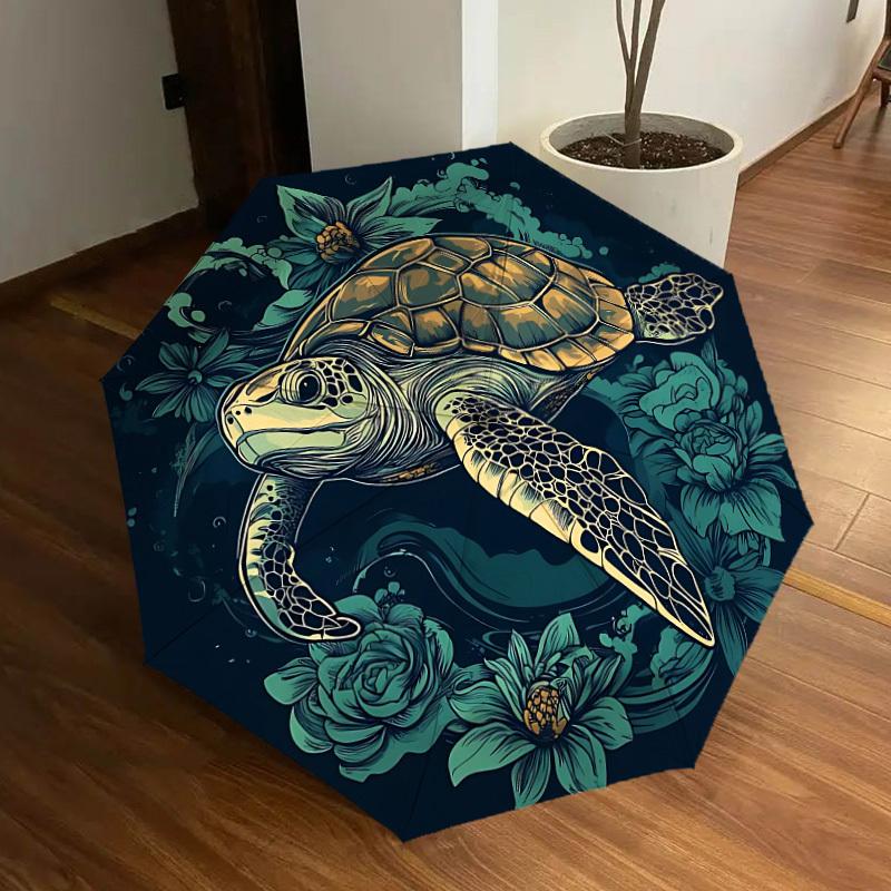 1pc Turtle Floral Print Fashionable Automatic Opening/Closing Folding Umbrella with 8 Iron Bones, Plastic Handle yy251015052