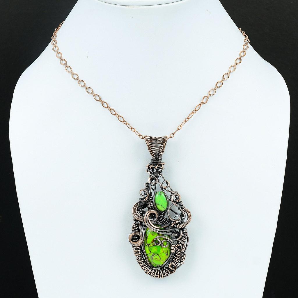 Медно-зеленый бирюзовый драгоценный камень, медная проволочная обертка, ювелирные изделия ручной работы, дизайнерская подвеска, подарок для нее, зеленая бирюзовая ювелирная продукция