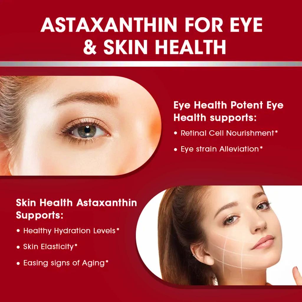 Each serving contains 24 mg of astaxanthin, an antioxidant supplement suitable for skin, eyes, joints, and immune support.