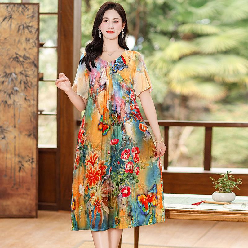 Летнее этническое миди-платье с цветочным принтом из хлопка и шелка – с коротким рукавом, свободного кроя, стройнящая накидка для мам