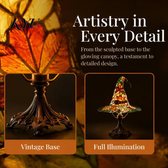 Vintage Wizard Hat Ornament Retro Witch Desk Lamp, USB Plug-in Night Light, Stained Glass Style Resin Table Handcrafted Accessory Lamp for Halloween