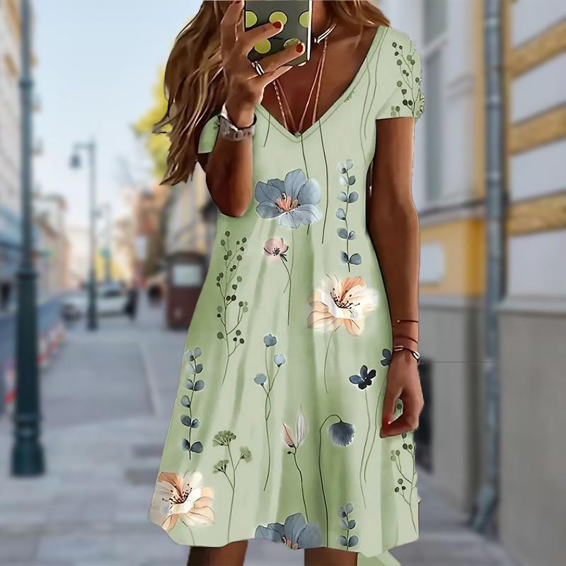 Летняя мода женские V-образный вырез короткий рукав красивые цветы принтованные платья сексуальные короткие юбки платья