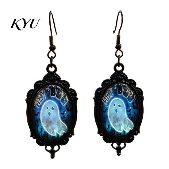 Unique Holiday Gift Gothic Ghost Earrings, Vintage Style Matte Black Alloy Dangle Dark Academia Accessories Halloween Decorative Jewelry for