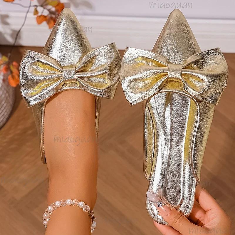 Золотые Серебряные Босоножки-бабочки для Женщин из ПУ Кожи с Острым Носком Офисная Женская Обувь Размеры 35 42 Летние Удобные Шлепанцы