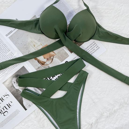 2 Pcs/Set Bathing Suit Solid Color Padded Cross Strap Swimwear Set Spa