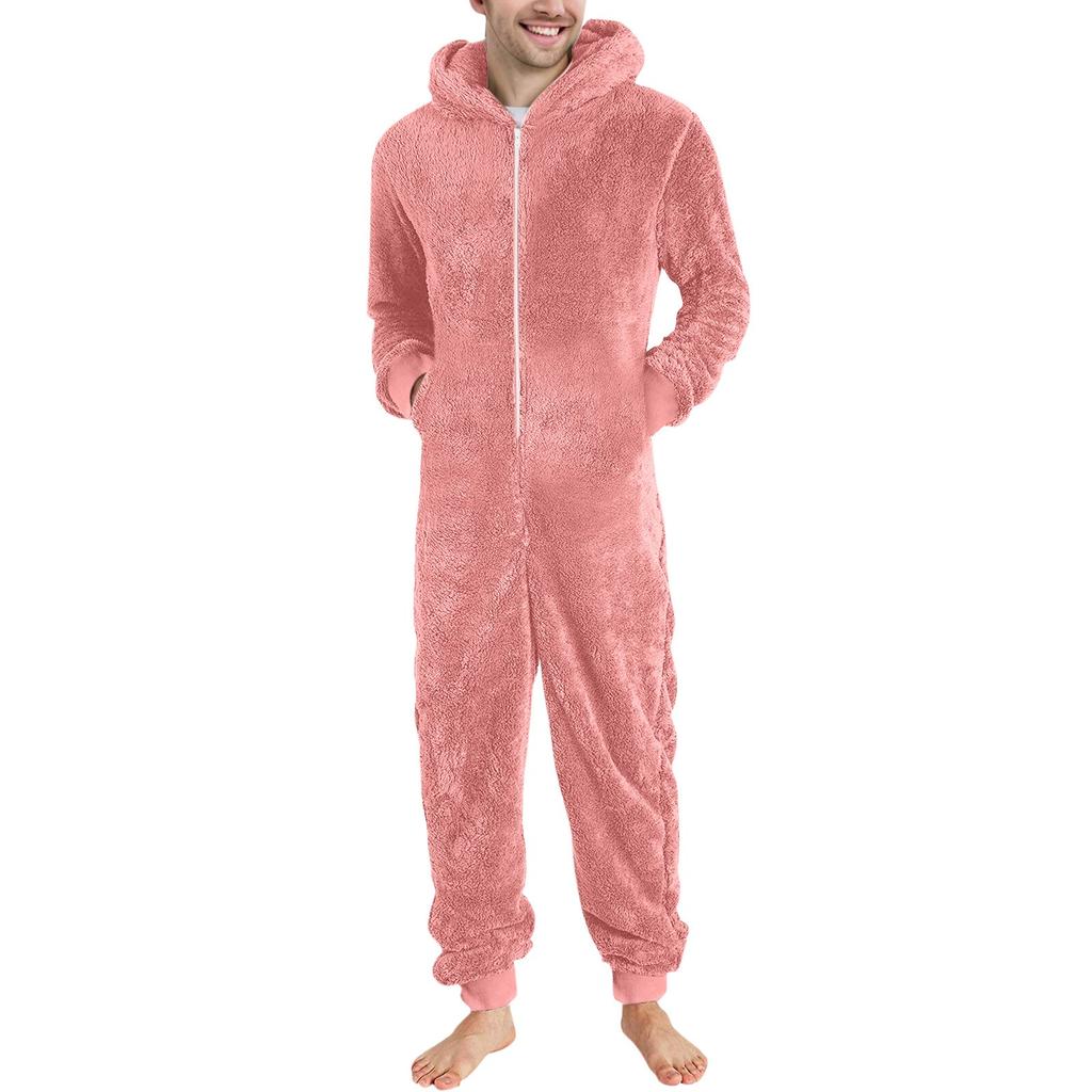 Men's Solid Color Long Sleeve Hooded Pocket Zipper Plush Warm Jumpsuit Warm Pajamas