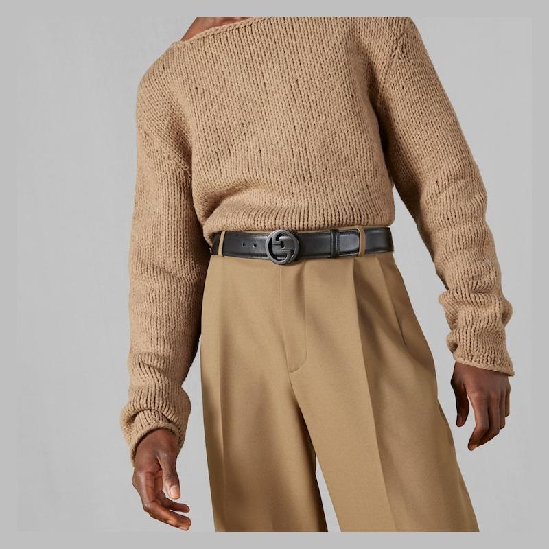Gucci Blondie круглая взаимосвязанная двойная пряжка с логотипом G кожаный эмалированный ремень женский черный ширина 4 см 703147-AACPU-1000
