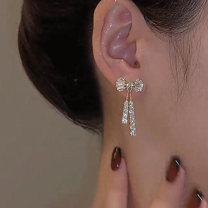 Korean Trendy Bow  Drop Earrings For Women Luxury Sparkling Cubic Zirconia Long Tassel Earrings Jewelry Gifts