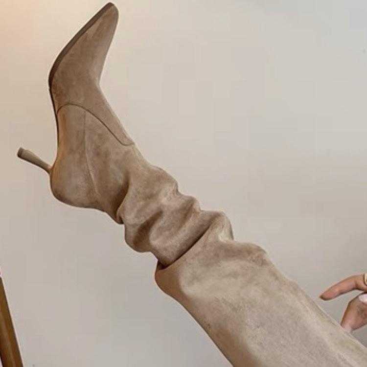 Сапоги Женские Сапоги с Толстыми Ногами и Тонким Каблуком, Сапоги до Колена со Сборками, Остроносые Сапоги с Мехом, Европейские и Американские Эластичные Сапоги, Высокий Каблук, Сапоги Средней Высоты