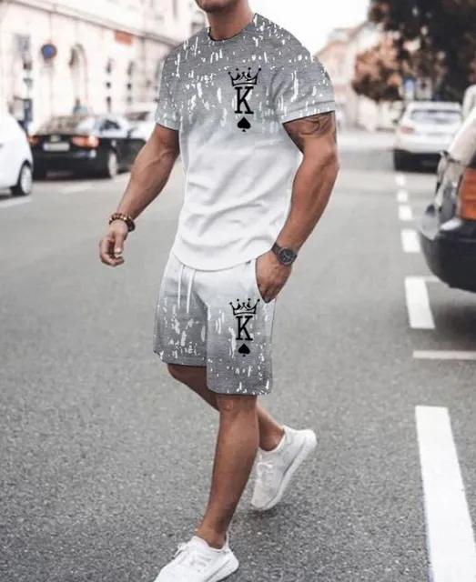 Европейский и американский мужской комплект футболок, летние шорты с 3D принтом и буквами для игральных карт, комбинированный комплект из 2 предметов с короткими рукавами, повседневный