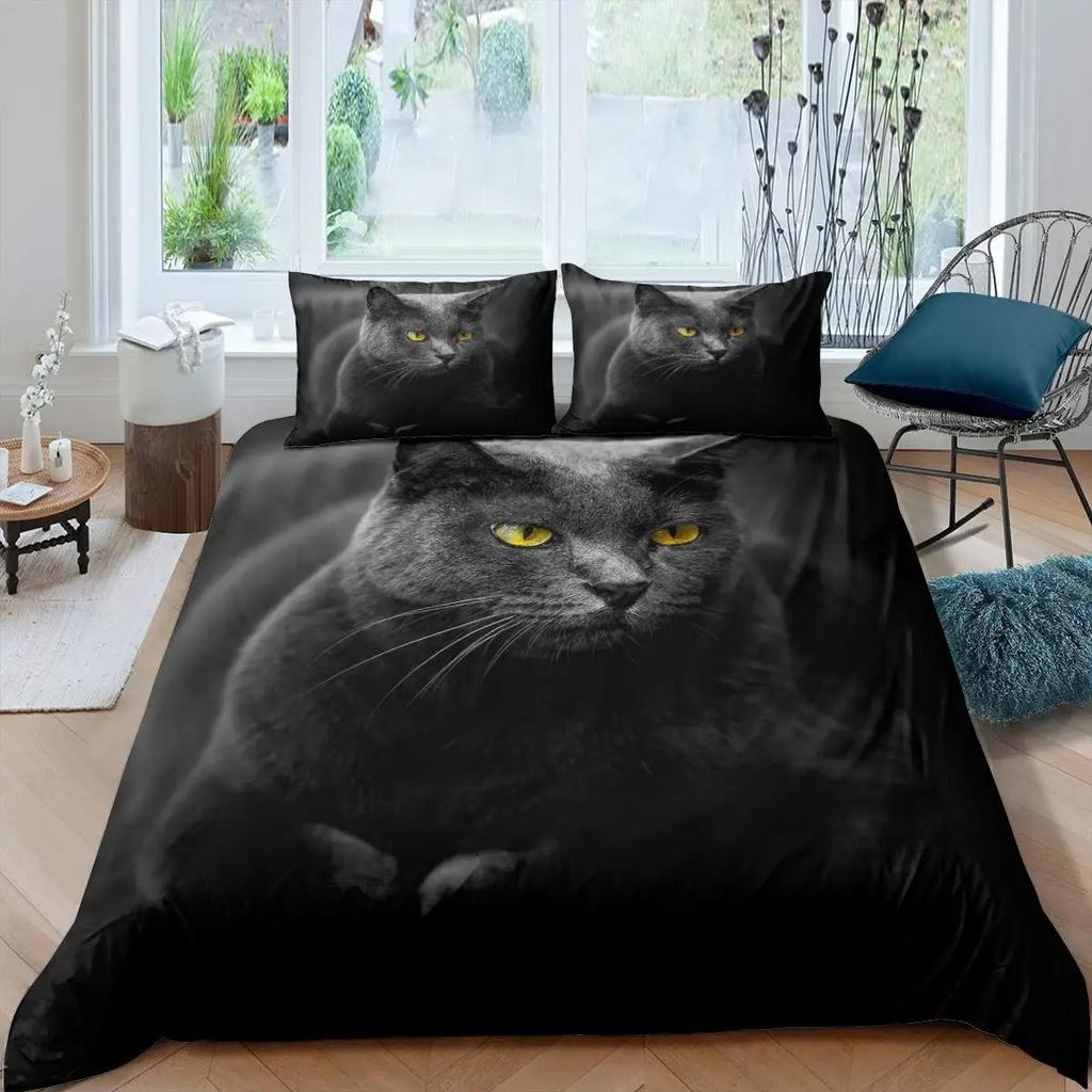 2026 Cat Duvet Cover Set Pet Cats Pattern Twin Bedding Set Cute Kitten For Polyester Mysterious Black Cat King Size Quilt Cover