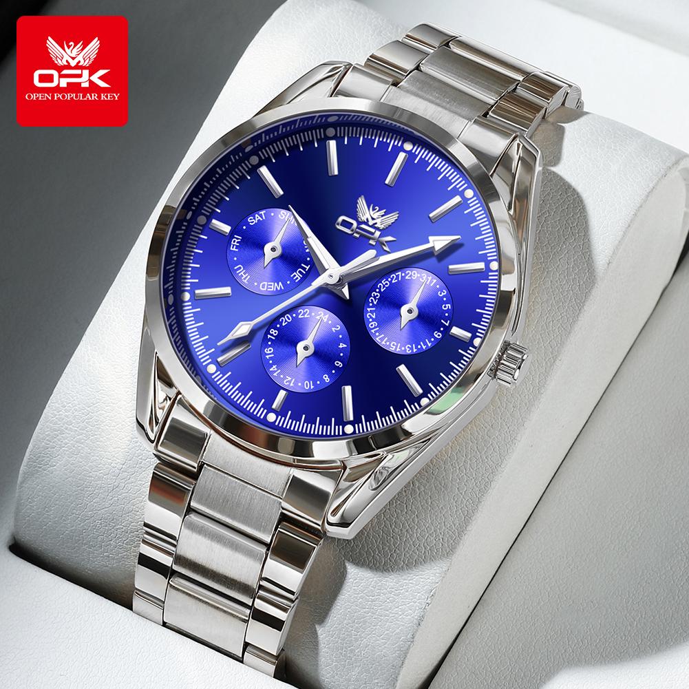 OPK 6024 Mens Watch Original New Fashion Brand Quartz Watch Stainless Steel Waterproof Luminous Three Small Dial Watches For Men