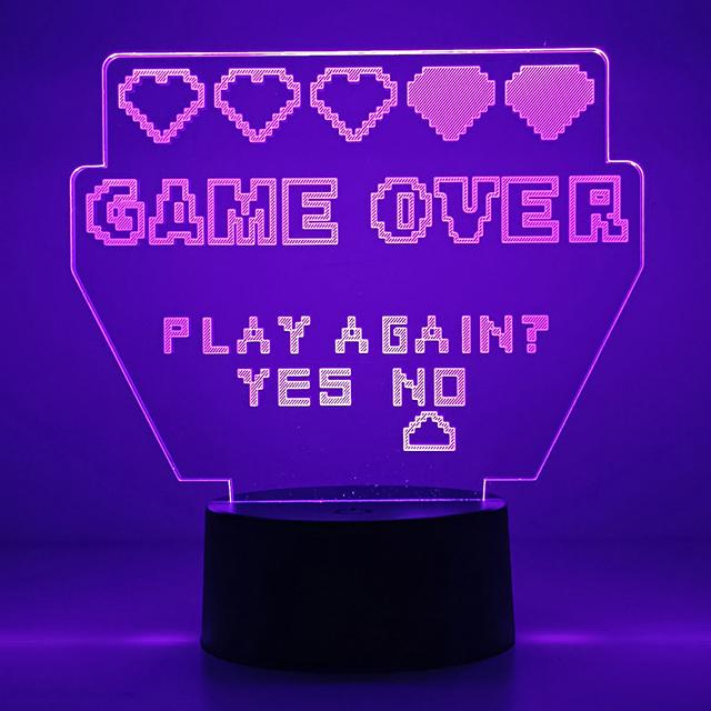 Gameover 3D Ночной светильник для игровой комнаты, настройка освещения, декор на столе, игровая консоль, значок, логотип, датчик света для детей, подарок