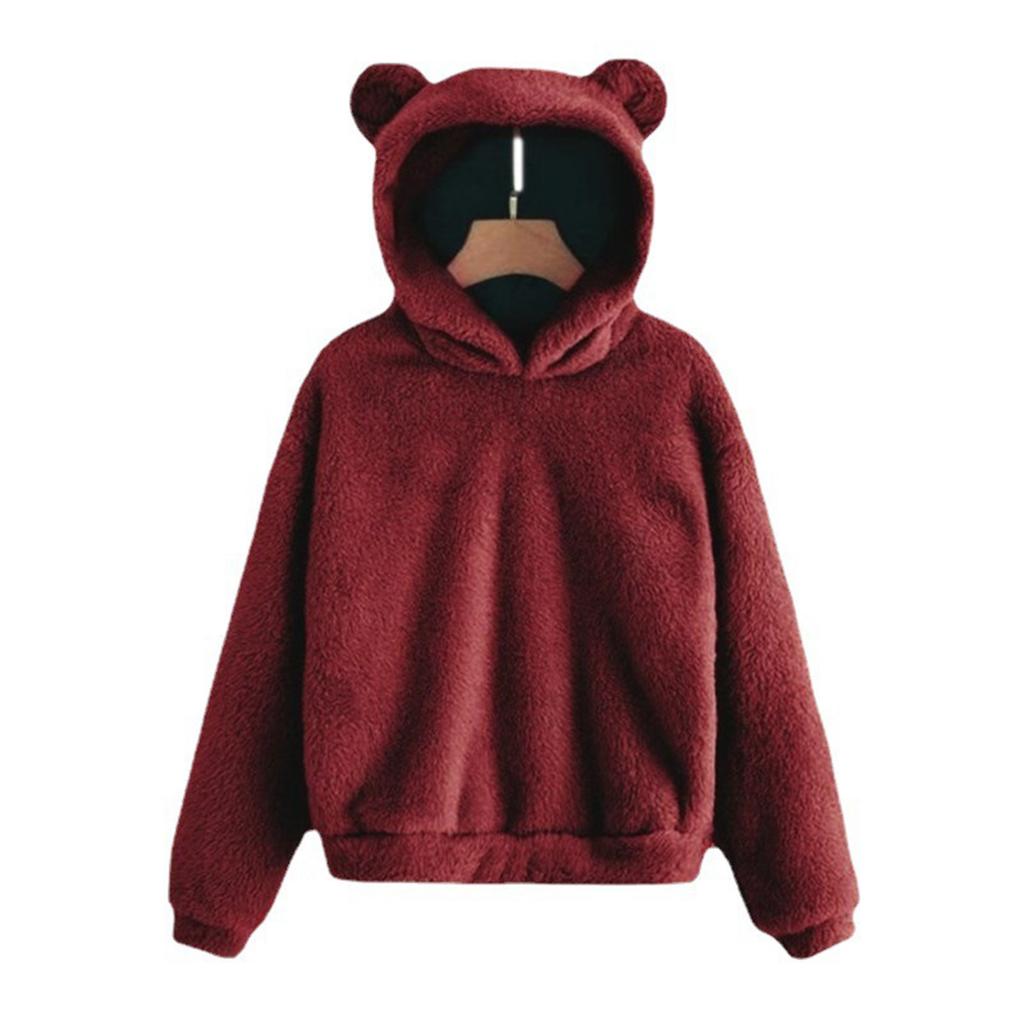 Women's Fashion Long Sleeve Solid Color Fleece Ears Hooded Warm Sweater Sweatshirt
