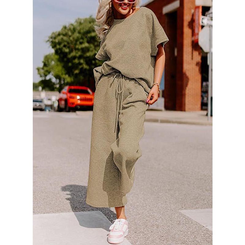 YYFS Женские модные повседневные летние весенние однотонные принты с коротким рукавом и круглым вырезом брюки костюмы