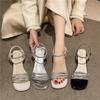 Fairy Wind Rhinestone Word Sandals Female Thick Heel Wear 2025 Summer New with Skirt Socialite Roman Sandals