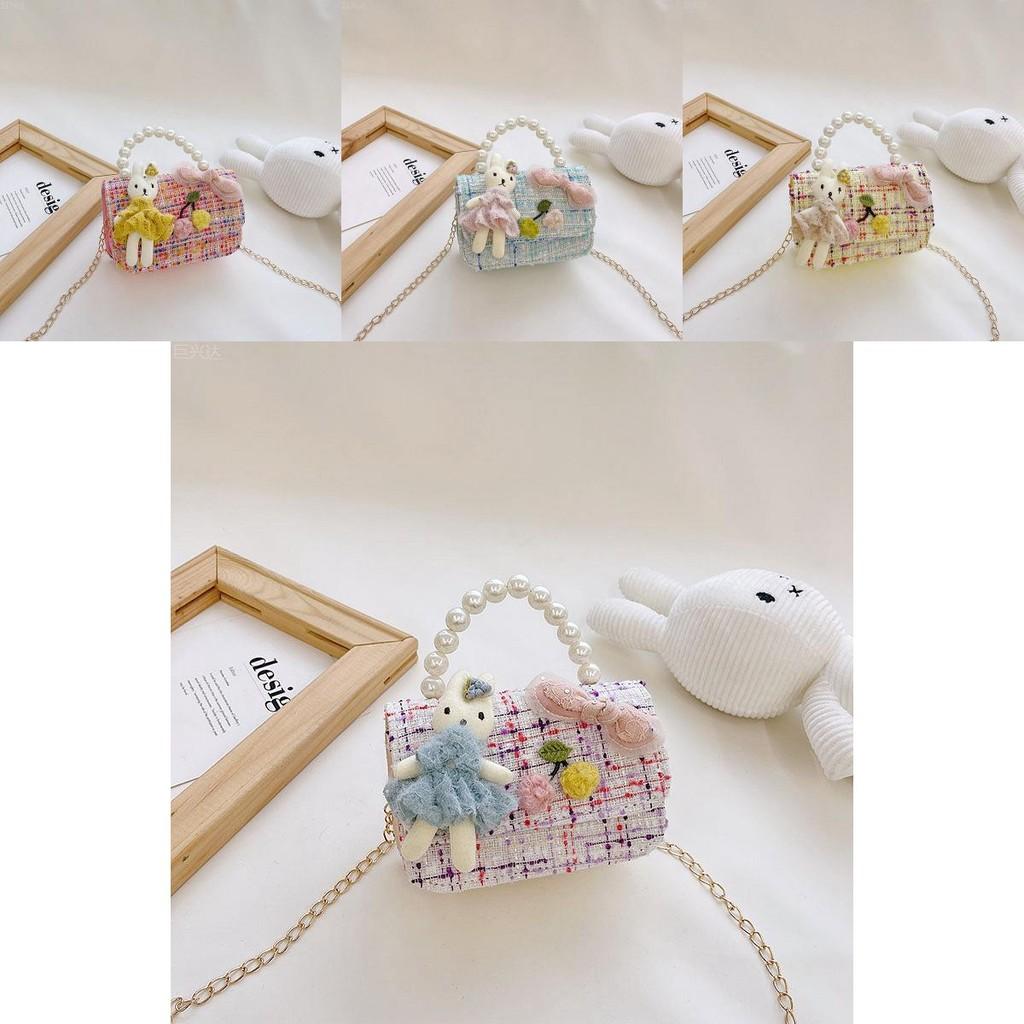 Fashionable Mini Children's Cotton And Linen Bag With Cute Rabbit And Pearl Accessories