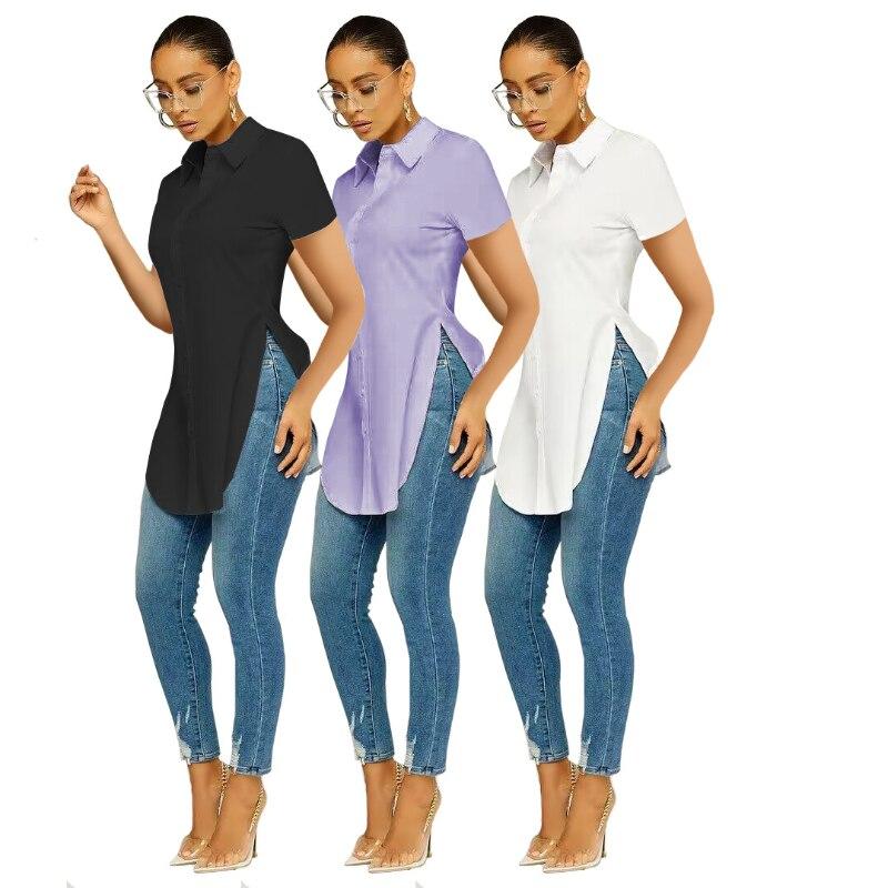 Blusas 2023 Летняя рубашка с коротким рукавом с разрезом, женская блузка с отложным воротником, повседневные свободные топы, однотонная одежда, милая 25634