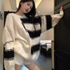 Design Sense Black and White Striped Patchwork Pullover Sweater for Women 2023 Loose Fitting Long Sleeved Knit Sweater Pullover