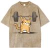 Cute Orange Cat Lifting Print T-shirt Water Wash Vintage High Quality Short Sleeve Casual Men's and Women's Tops T Shirt