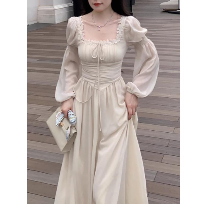 Французские элегантные вечерние платья принцессы миди для женщин, осенние тонкие бандажные платья с длинными рукавами, корейская весенняя одежда