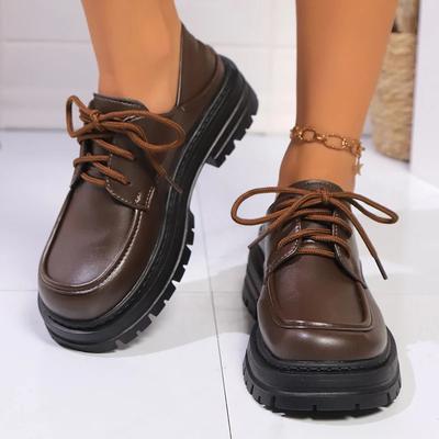 Модные винтажные туфли-лоферы с круглым носком для женщин, классические на шнуровке, из искусственной кожи, женские одинарные туфли, офисные и для карьеры, туфли-лодочки с толстым каблуком, Mujer