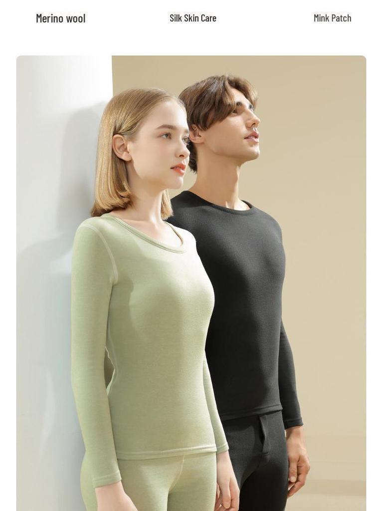 Men's and Women's Wool Silk Thermal Underwear Set with Mink Velvet Knee Pads - Warm Autumn Bottoming Shirt and Trousers