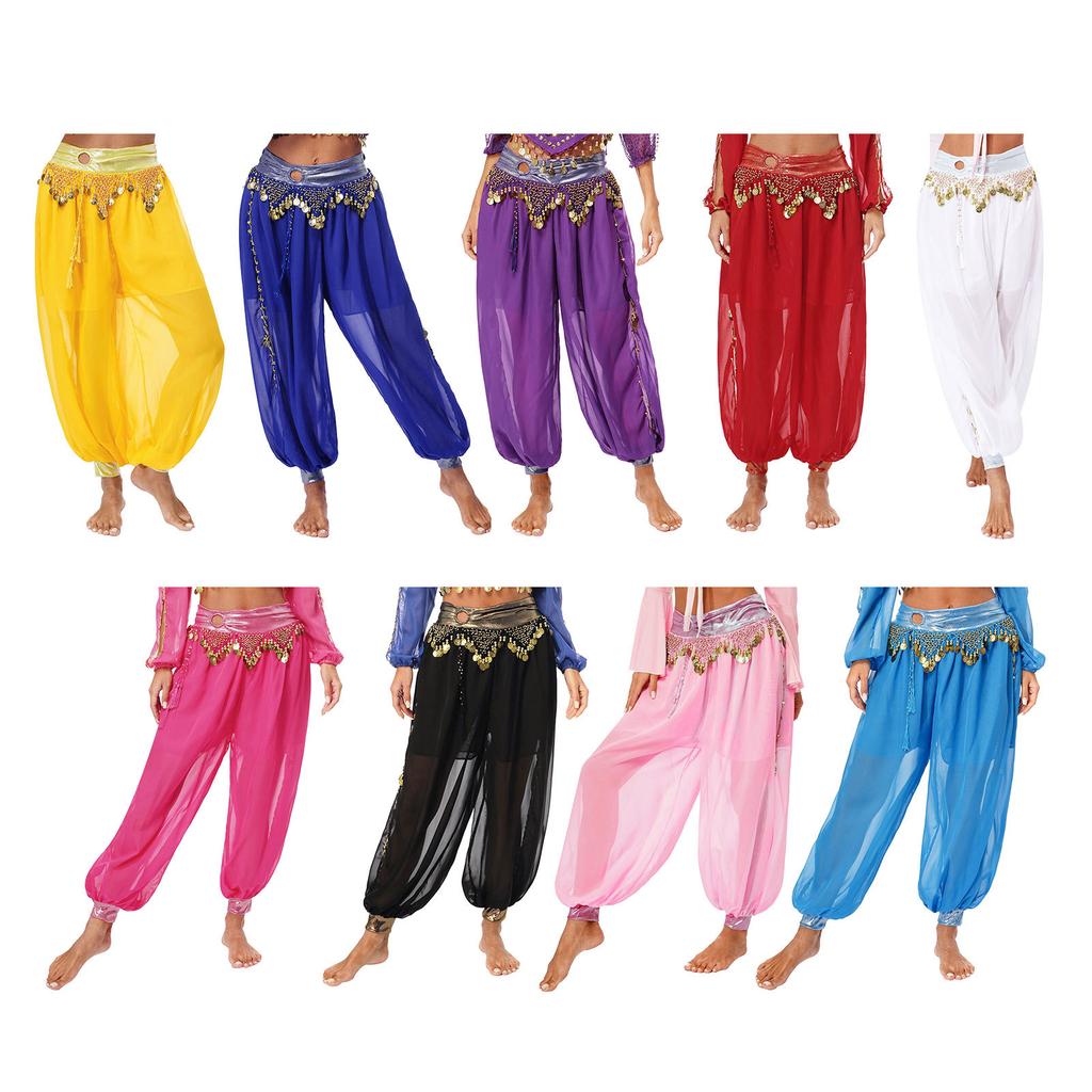 Womens Belly Dance Costume Chiffon Bloomers Plastic Beads Tassels Metallic Ruched Waistband Side Split Pants