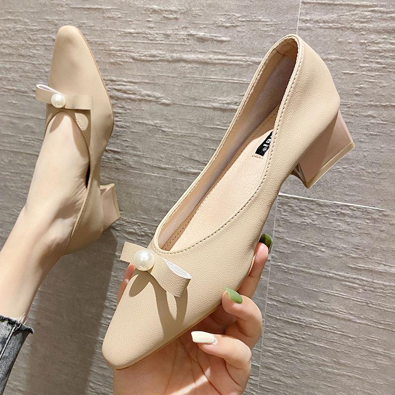 Thick Heel Professional Shoes Women New Korean Style Bowknot Pearl Shoes Women