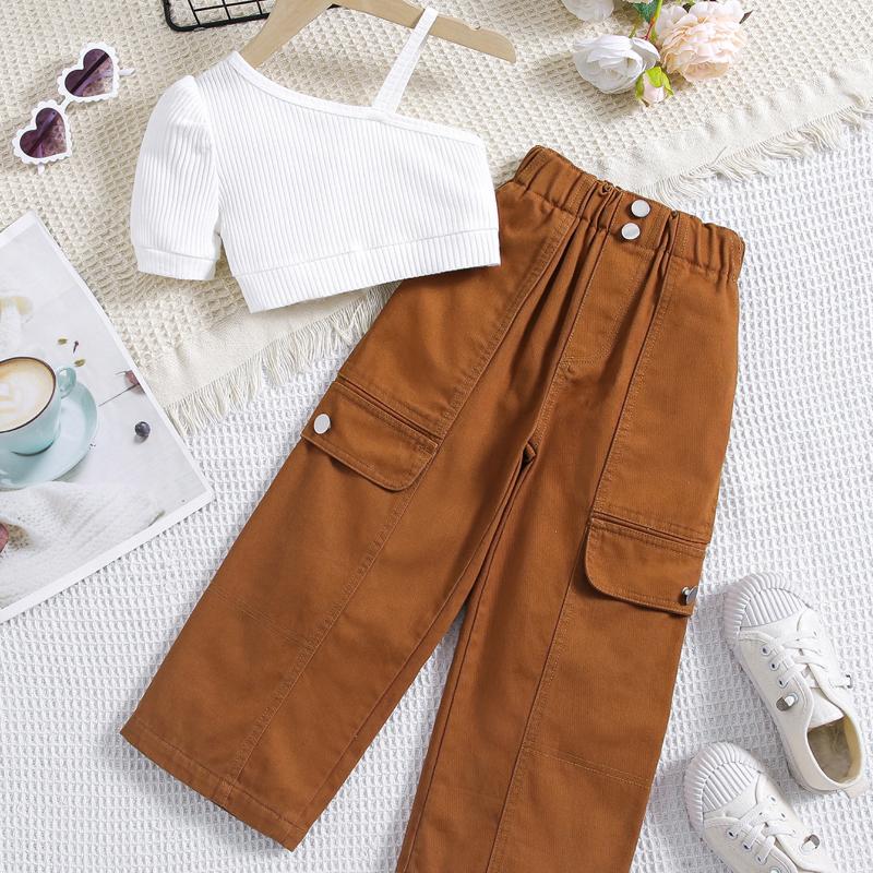 Комплект одежды для девочек: Летний детский однотонный пуловер с короткими рукавами и открытыми плечами, комплект из двух предметов с цветными джинсовыми брюками