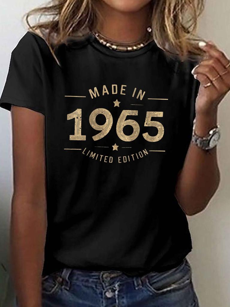 Женский Повседневный Топ с Принтом Vintage, Сделано в 1965 году, Короткий Рукав, Круглый Вырез, Весна Лето