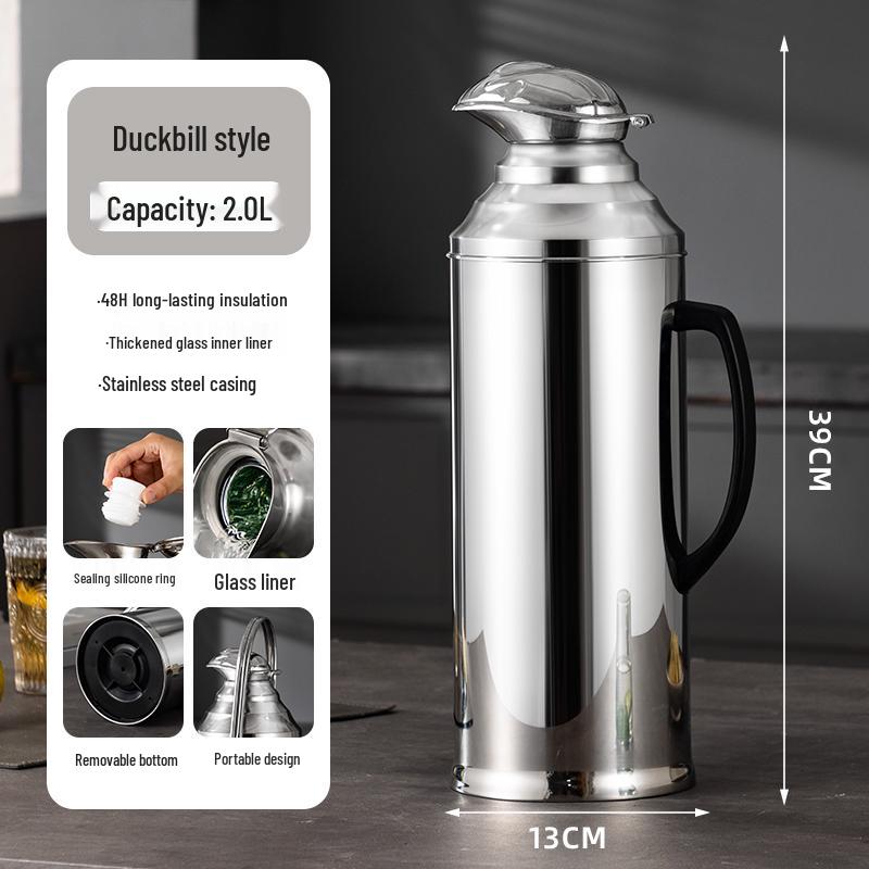 Large Capacity Stainless Steel Insulated Hot Water Bottle with Glass Liner - Old-fashioned Tea Pot for Home, Dorm, or Commercial Use