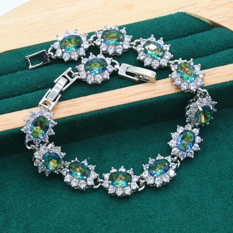 Отличительные комплекты ювелирных изделий из серебра 925 пробы для женщин, свадебный браслет с радужным синим цирконием, серьги, ожерелье, кулон, кольцо, подарок на свидание