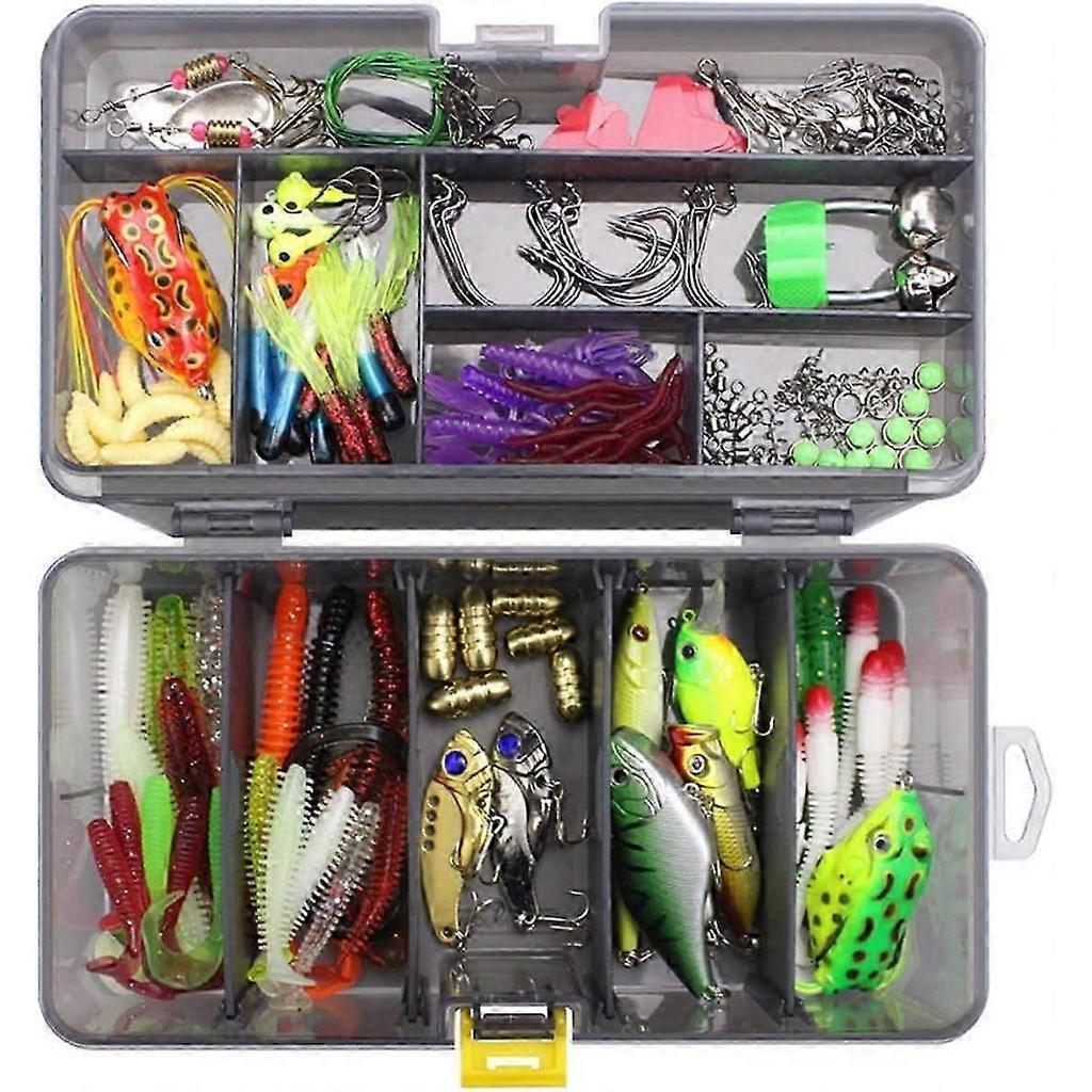 Fishing Lure Kits Mixed Universal Artificial Soft Baits Set Including Spinning Lures, Plastic Worms, Frogs, Single Hooks, Swivels and Tackle Bo