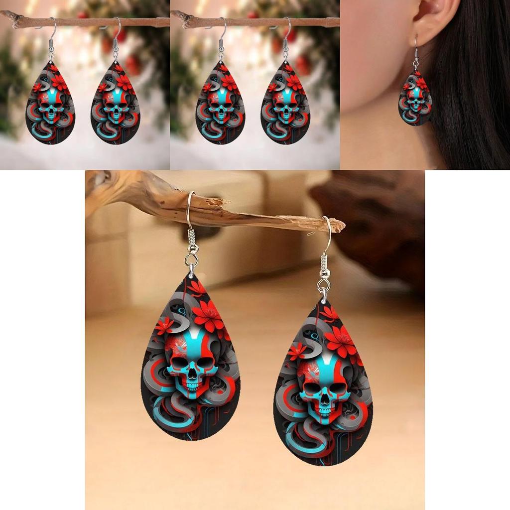 Halloween Themed Flower Skull Patterns Water Droplet Shaped Women Earrings For Dark Style Festive Occasion