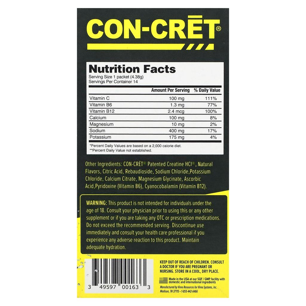 Con-Cret Clean Hydration Drink Packs, No Sugar, Lemon Lime, 14 Packs, 0.15 Oz (4.38 G) Each