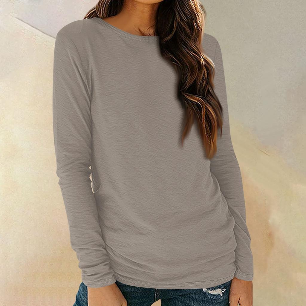 Womens Long Sleeve Round Neck Shirts Basic Tee Casual Top Fall Trendy Tunic Outfits Fitted T Shirts