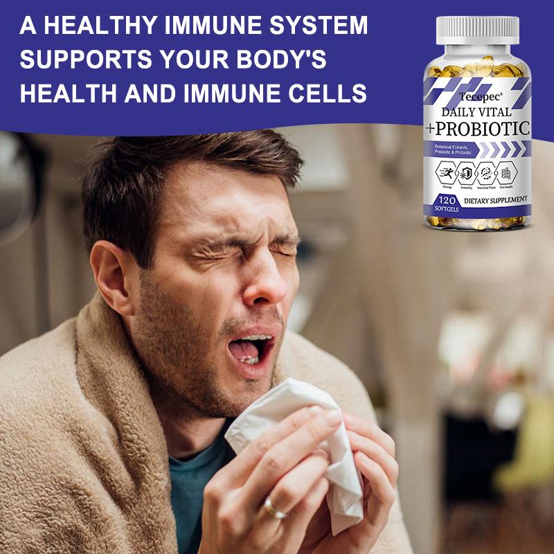 Daily Vitality + Probiotics, containing plant extracts, prebiotics, and probiotic capsules, 120 capsules.