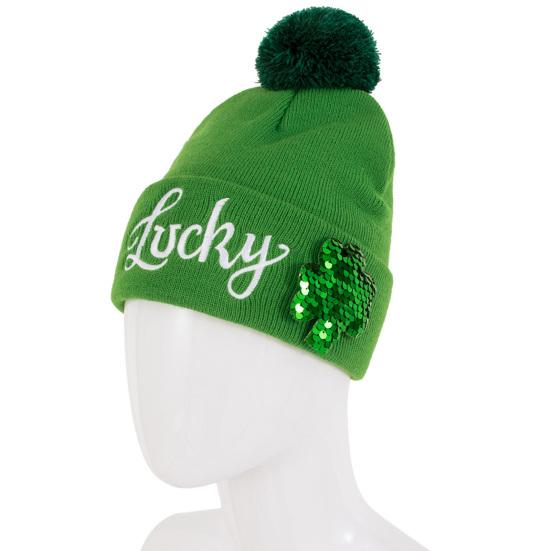 St. Patrick's Day Shamrock Hat Irish Cuffed Pom Knit Hat Green Sequins Clover Skull Cap for Women Men Party Costume Accessory