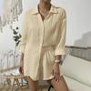 2 Pcs/Set Women Shirt Shorts Set Solid Color Long Sleeves Lapel Collar Single-breasted Blouse High Waist Loose Above Knee Length