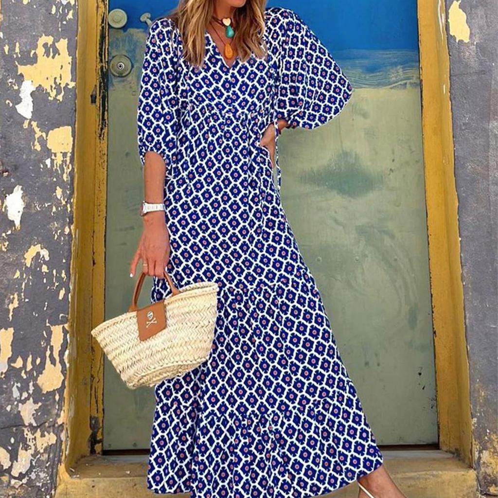 Women Floral Print Bohemian Long Dress Loose V-Neck Fashion Summer Beach Dress