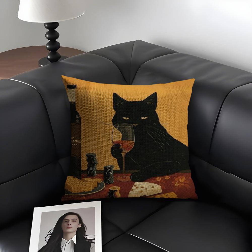 Black Cat Cushion Cover Natural Linen Organic Fabric DoubleSided Printing Sofa Home Decor Gift Pillow Case