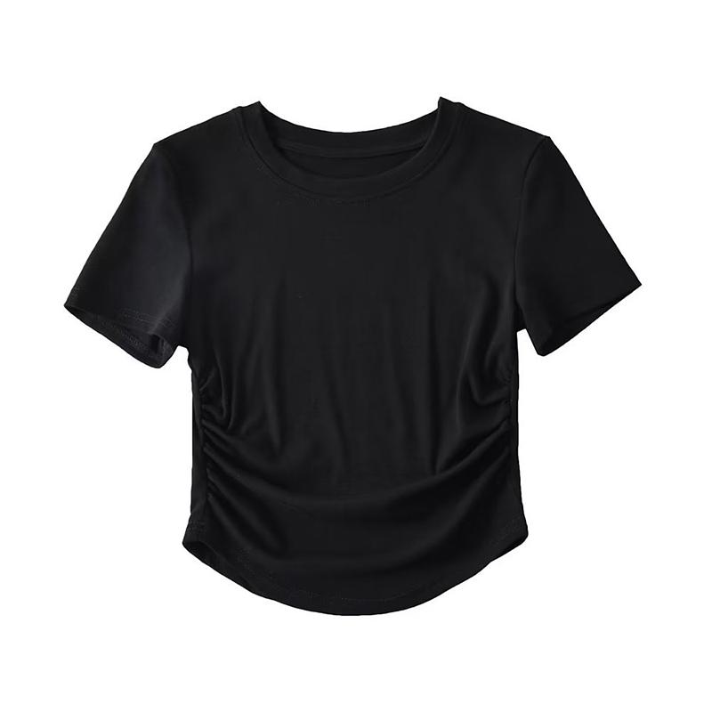 2024 Harajuku Женская хлопковая футболка с круглым вырезом, короткими рукавами и рюшами по бокам, футболки