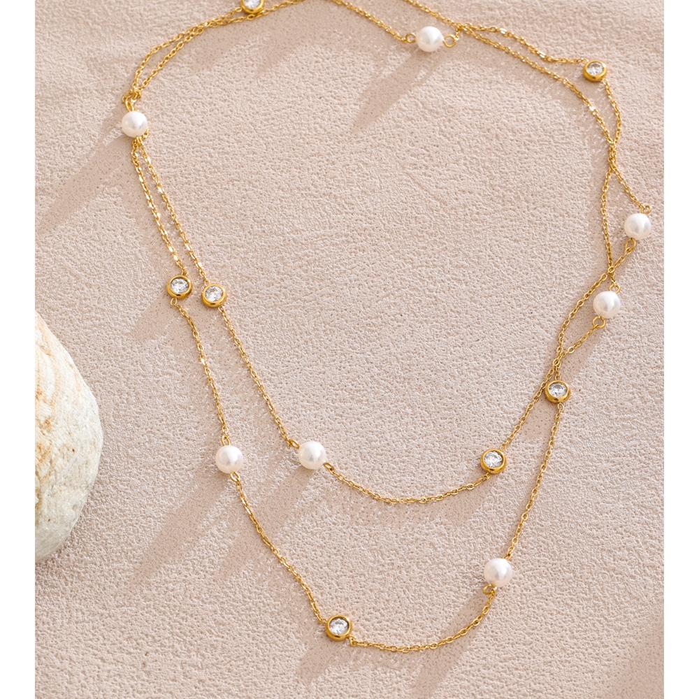 Eetit New Square Chain Stylish Stainless Steel Simulated Pearls Layered Stacking Necklace Women Fashion Charm Collar Jewelry