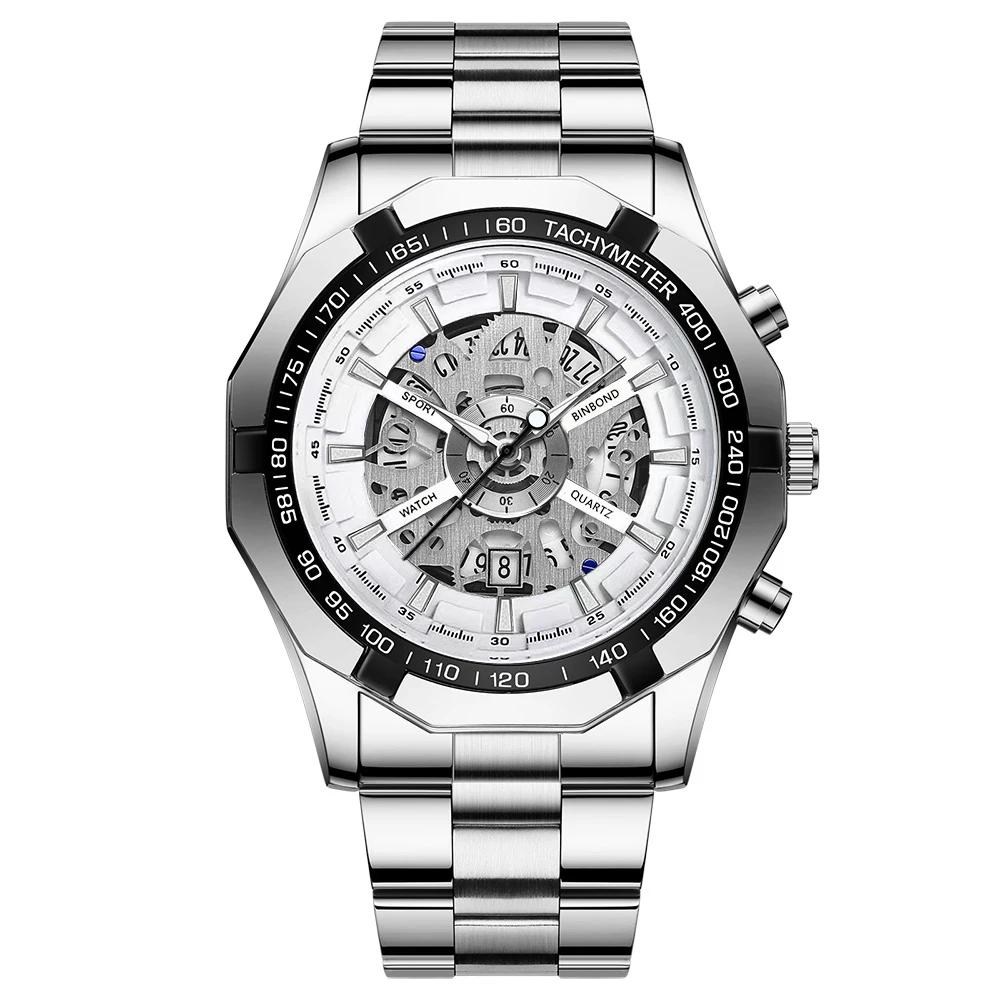 BINBOND Men's Quartz Watches Top Brand Luxury Stainless Steel Waterproof Hollow Out Blue Big Male Wristwatches Relogio Masculino