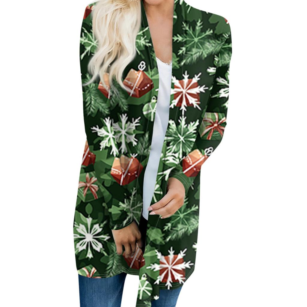 Женский модный и повседневный рождественский принтованный кардиган средней длины с длинными рукавами