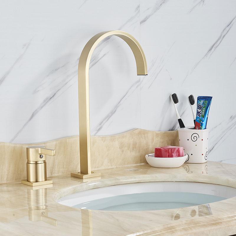 Вращающийся на 360° смеситель для раковины для ванной комнаты, смесители для горячей и холодной воды с двумя отверстиями, смеситель для водопада