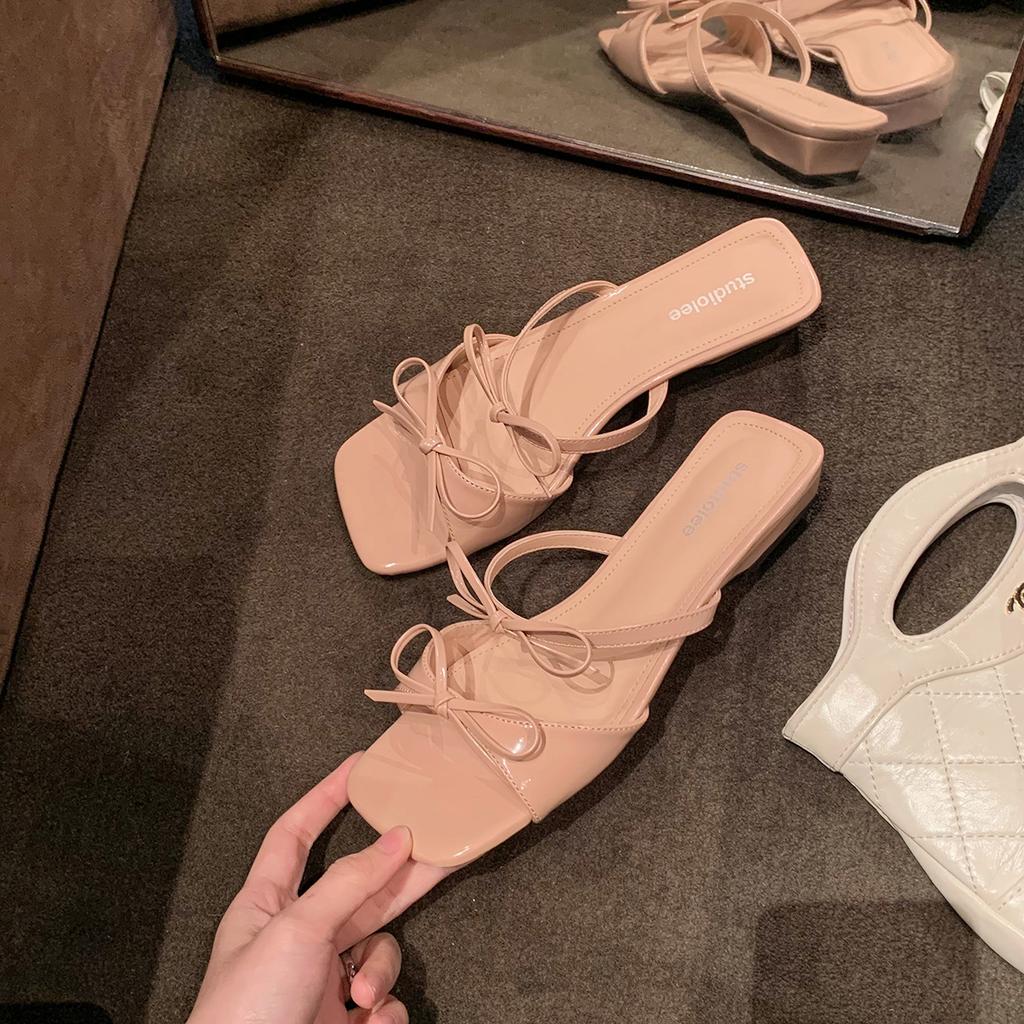Grape mother has the same temperament square head double bow with versatile sandals women's summer French casual low-heeled slippers