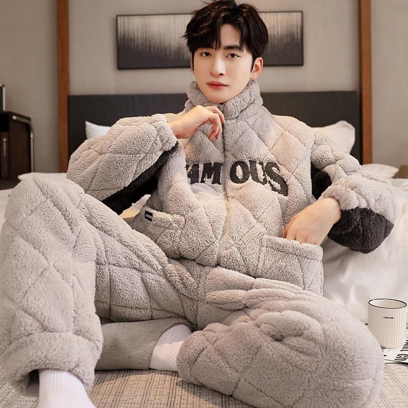 Men's Three-Layer Thickened Cotton Winter Pajamas - Warm, Simple, Luxury, and Suitable for Indoors and Outdoors.